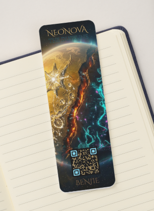 The Neonova bookmark resting on an open notebook, showing the planet and its burning seam with a QR code at the base.
