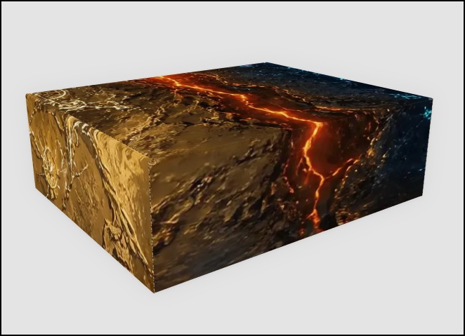 The Neonova collector's box — printed edge to edge with the planet's surface, a burning seam running across the lid from the gold light side into the dark side.
