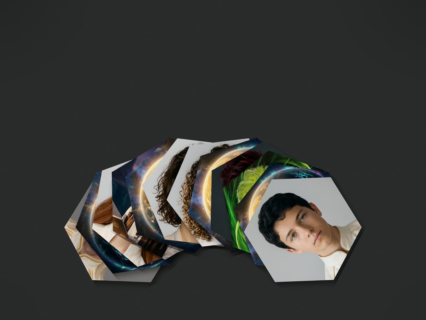 A fan of hexagonal character cards, each showing a Neonova character against the planet.