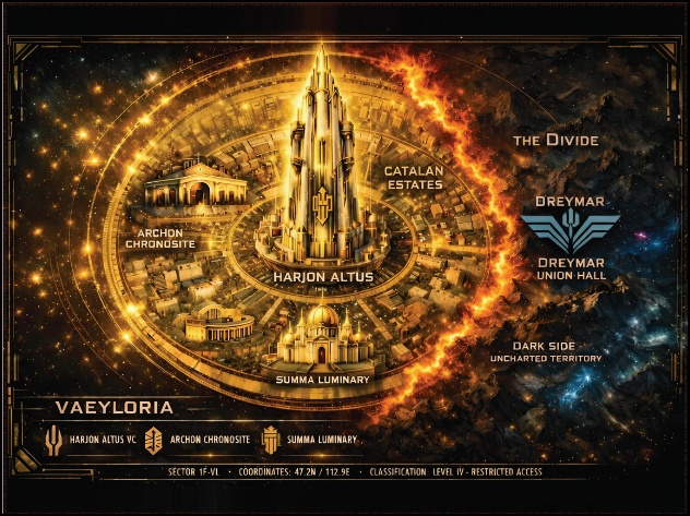 Illustrated map of Vaeyloria showing Harjon Altus, the Chronosite, the Summa Luminary and the Catalan Estates on the light side, the burning seam of the Duskline, and the Dreymar Union Hall on the dark side.